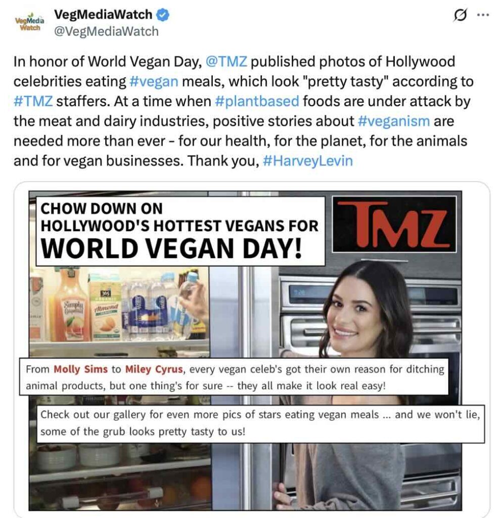 TMZ published photos of Hollywood celebrities eating vegan meals in honor of World Vegan Day. 