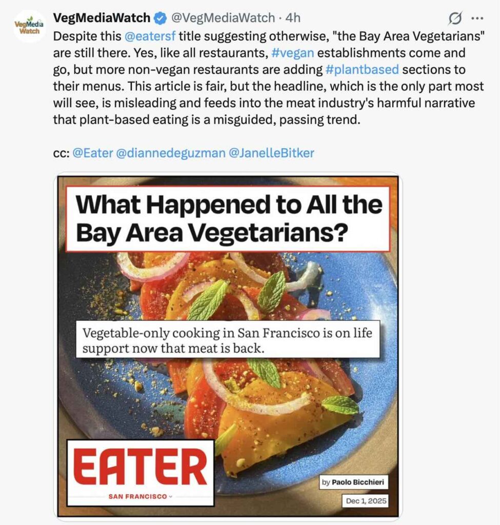 Let's hold these media outlets accountable for bias. The NY Times reports on the benefits, but not the risks, of dairy. The NY Post portrays vegans as unhinged. And Eater SF parrots meat industry propaganda about plant-based eating. 