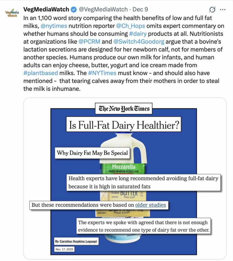 NY Times reports on health benefits of dairy without mention its risks
